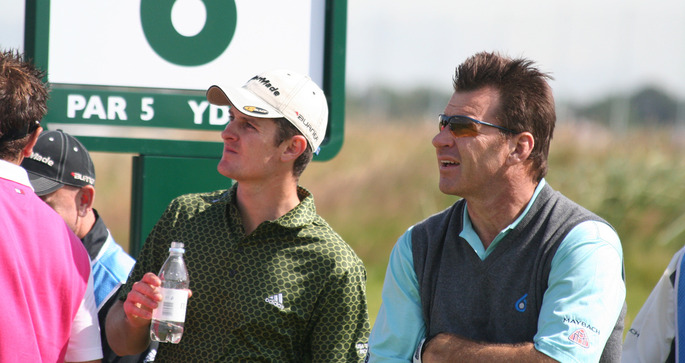 English Golfers Nick Faldo and Justin Rose