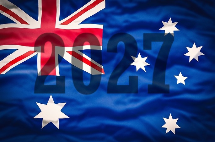 2027 Against Australia Flag on Wavy Fabric