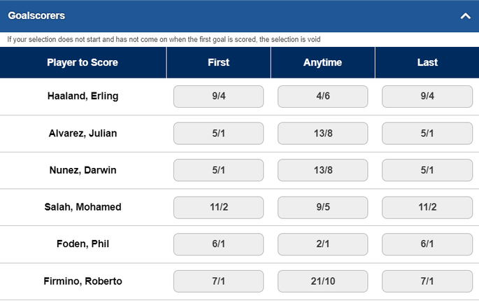 Betfred Goalscorer Betting Screenshot