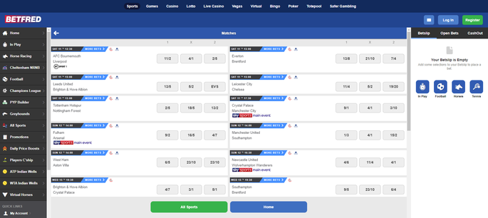 Betfred Premier League Match Betting Screenshot