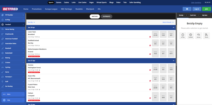Betfred Premier League Match Betting Screenshot