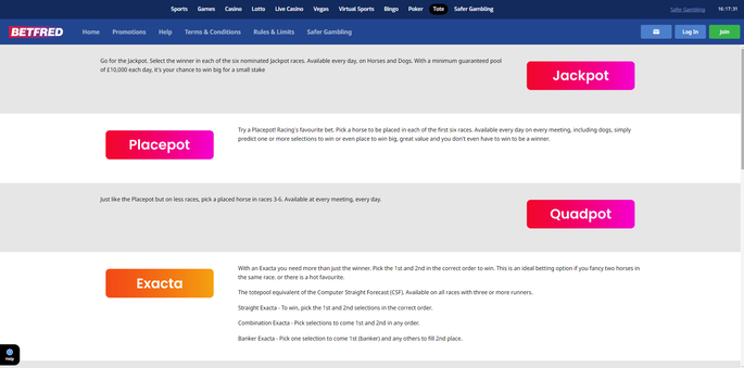 Betfred Totepool Bet Types Screenshot