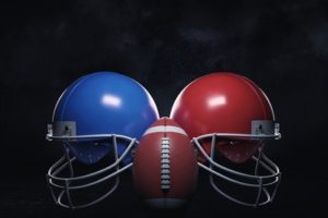 Blue and Red American Football Helmets and Ball