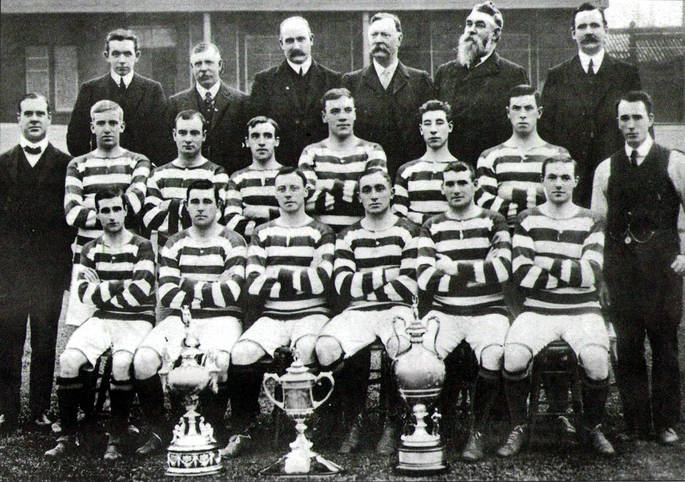 Celtic Team in 1908 with League and Cup Trophies