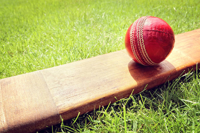 Red Cricket Ball Resting on Bat