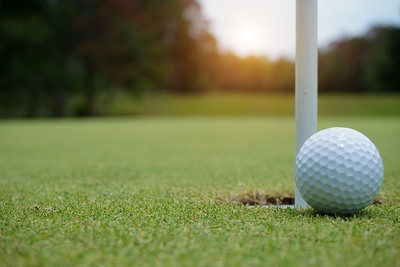 Golf Ball Next to White Pin
