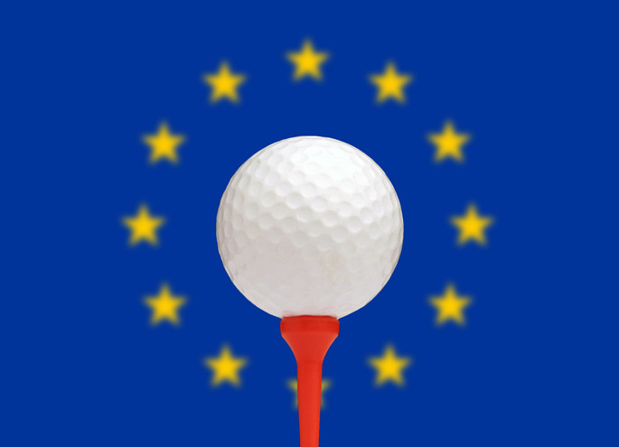 Golf Ball on Tee with European Flag Background