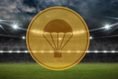Parachute Gold Coin Icon Against 3D Blurred Football Stadium at Night