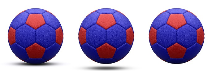 Three Blue and Red Footballs