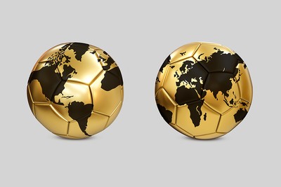 Two Golden Footballs Showing World Maps
