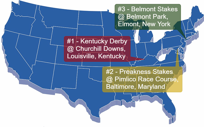 Map Showing the Location of the US Triple Crown Races