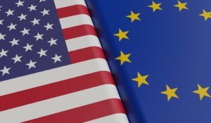 USA and European Union Rolled Flags