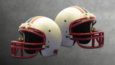 White Red and Blue American Football Helmets